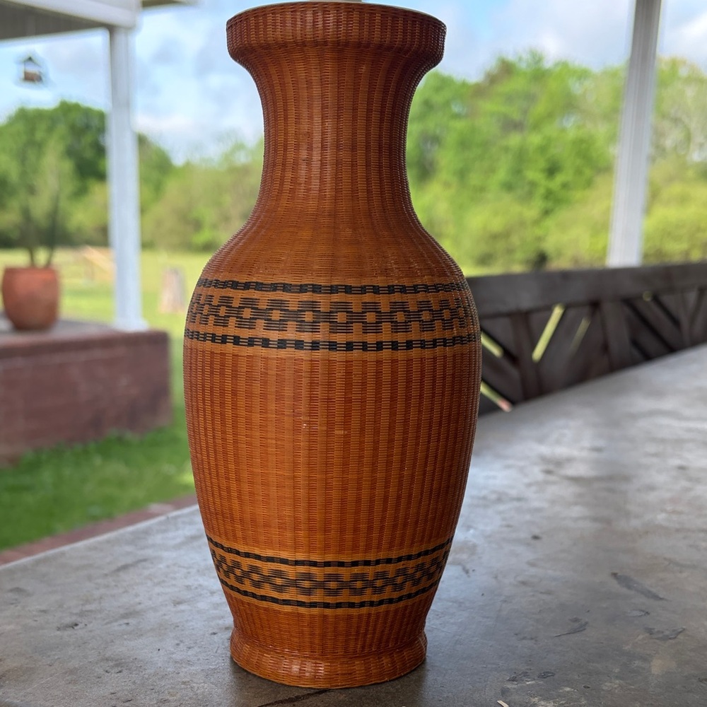 Vintage fine woven bamboo wicker vase with porcelain insert